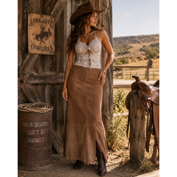 A.M.I. Dresses & Skirts - AMI Vintage 100% Leather Maxi Skirt Brown Suede Y2K Western Size 10